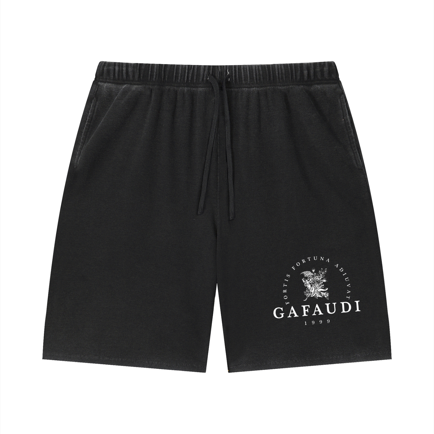 GAFAUDI Unisex Vintage Wash Sunfade Waffle Raw Hem Shorts