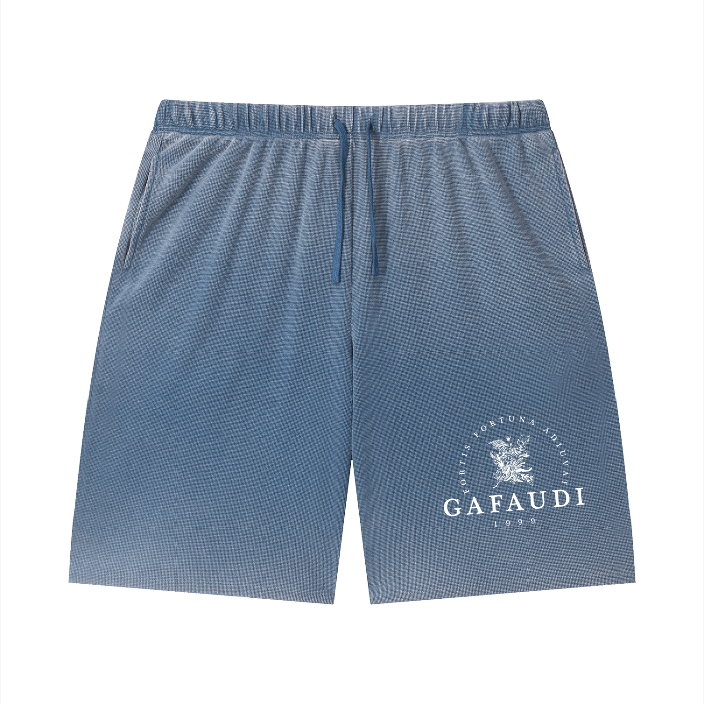 GAFAUDI Unisex Vintage Wash Sunfade Waffle Raw Hem Shorts