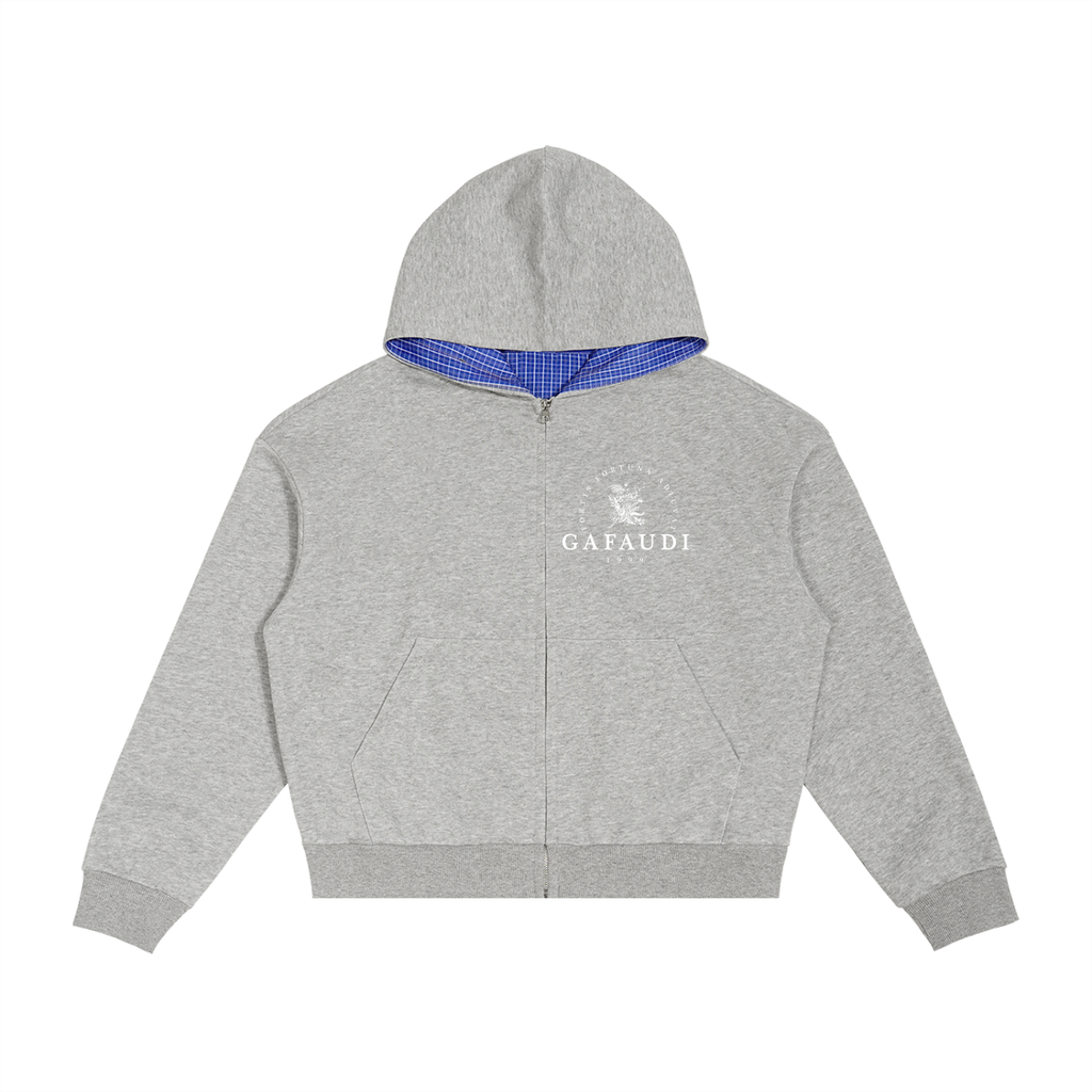 GAFAUDI Contrast Plaid Boxy Zip Hoodie