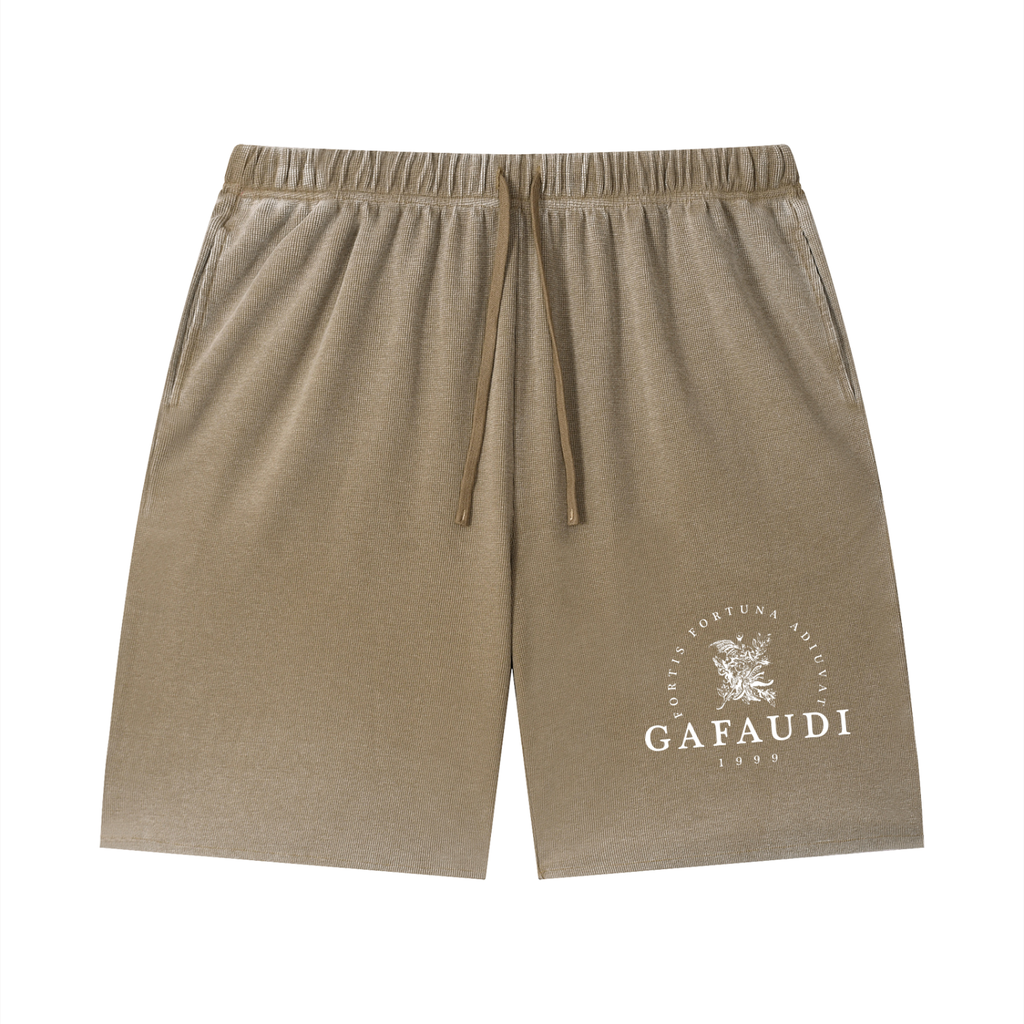 GAFAUDI Unisex Vintage Wash Sunfade Waffle Raw Hem Shorts