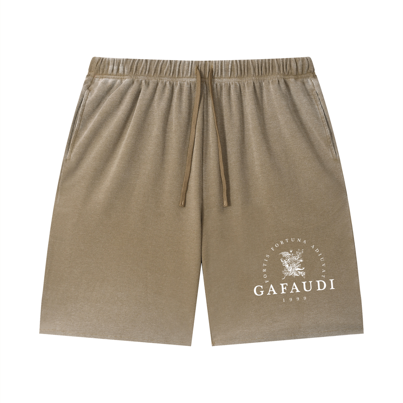 GAFAUDI Unisex Vintage Wash Sunfade Waffle Raw Hem Shorts