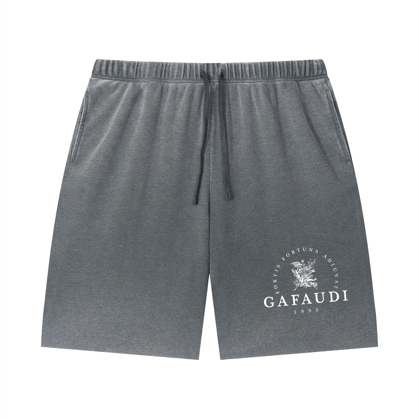 GAFAUDI Unisex Vintage Wash Sunfade Waffle Raw Hem Shorts