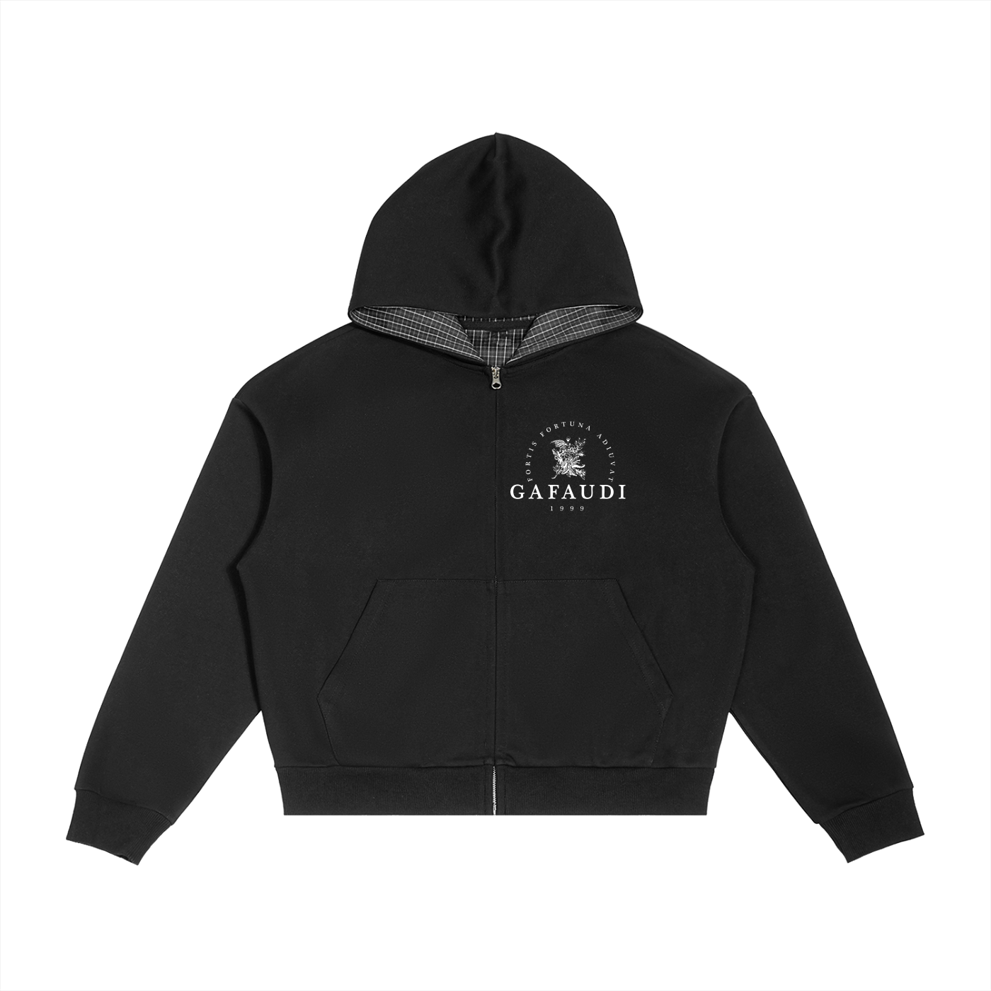GAFAUDI Contrast Plaid Boxy Zip Hoodie