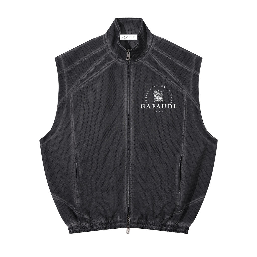 GAFAUDI Unisex Vintage Wash Mesh Full-Zip Vest