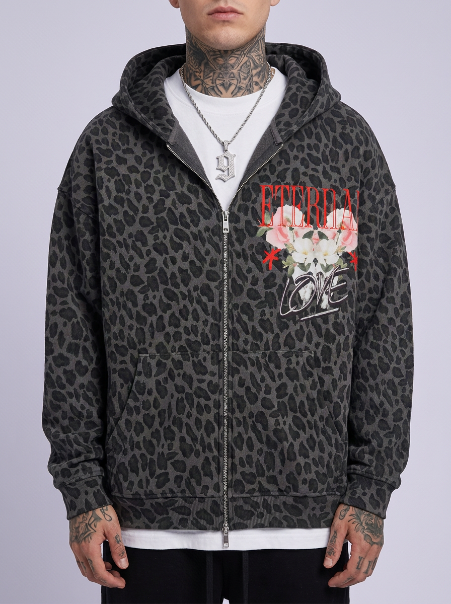 GAFAUDI "Eternal Love" Unisex Leopard Print Waffle Full Zip Hoodie