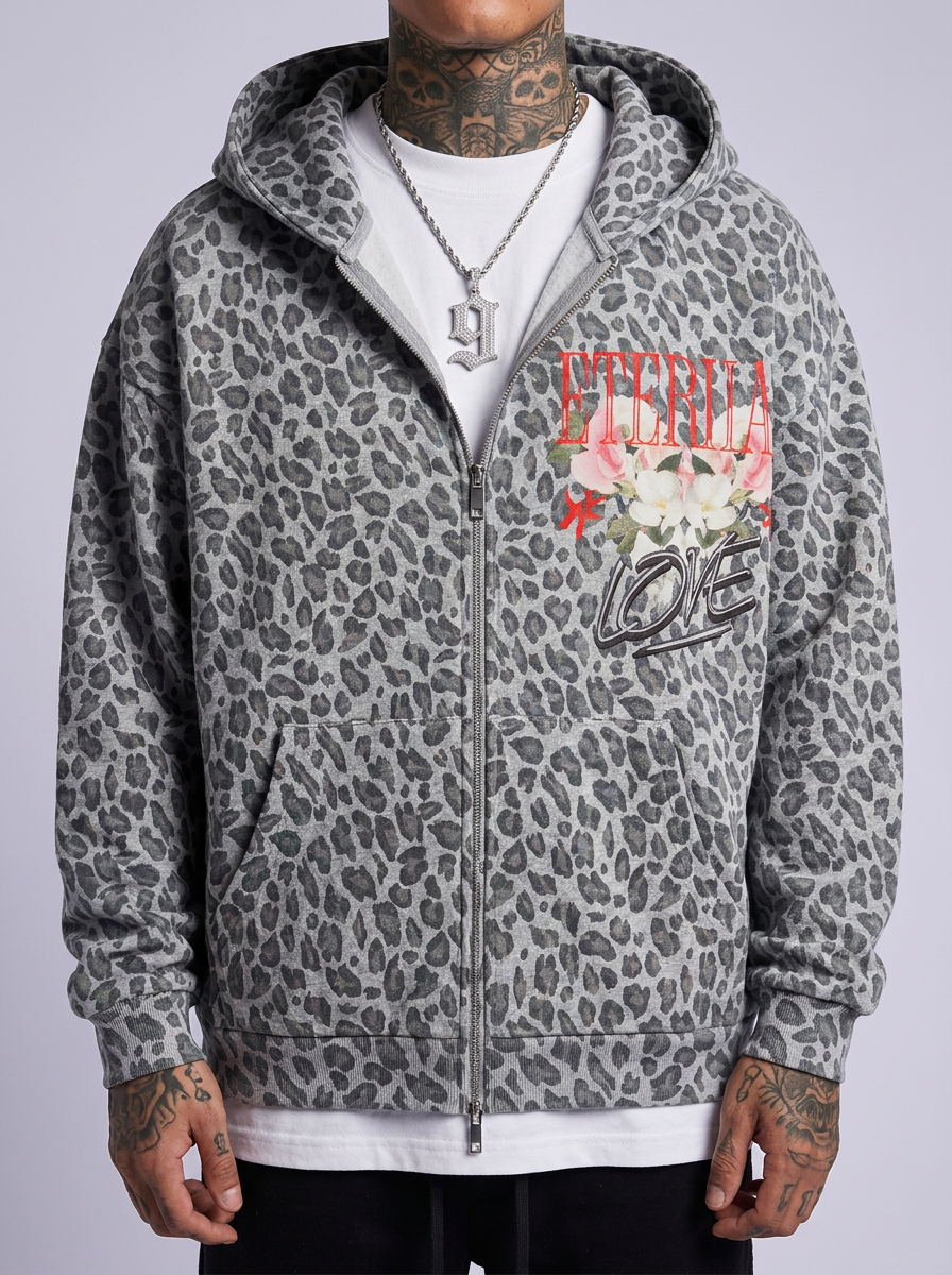 GAFAUDI "Eternal Love" Unisex Leopard Print Waffle Full Zip Hoodie