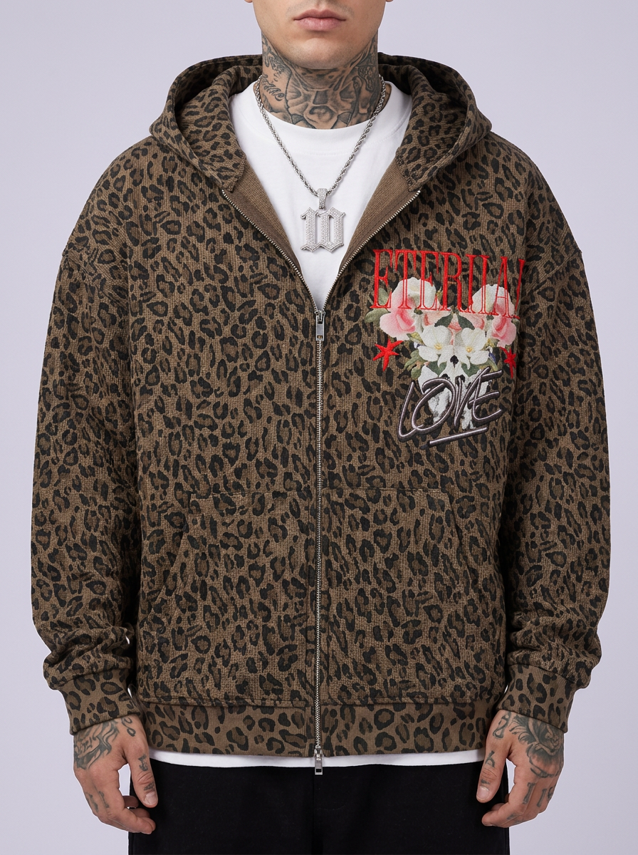 GAFAUDI "Eternal Love" Unisex Leopard Print Waffle Full Zip Hoodie