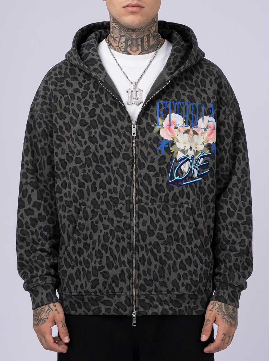 GAFAUDI "Eternal Love" Unisex Leopard Print Waffle Full Zip Hoodie