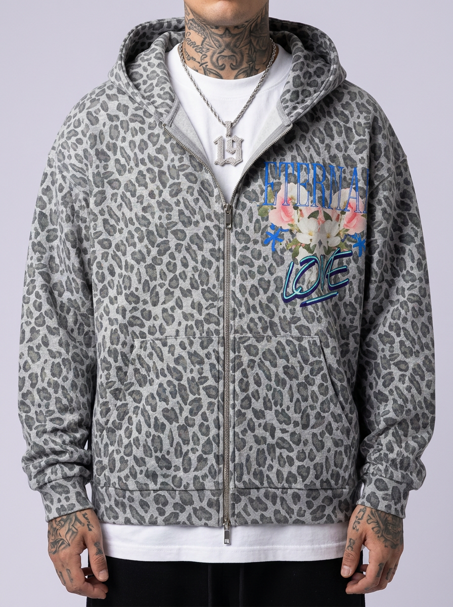GAFAUDI "Eternal Love" Unisex Leopard Print Waffle Full Zip Hoodie