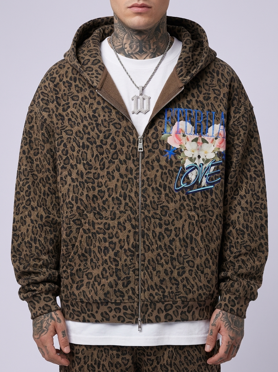 GAFAUDI "Eternal Love" Unisex Leopard Print Waffle Full Zip Hoodie