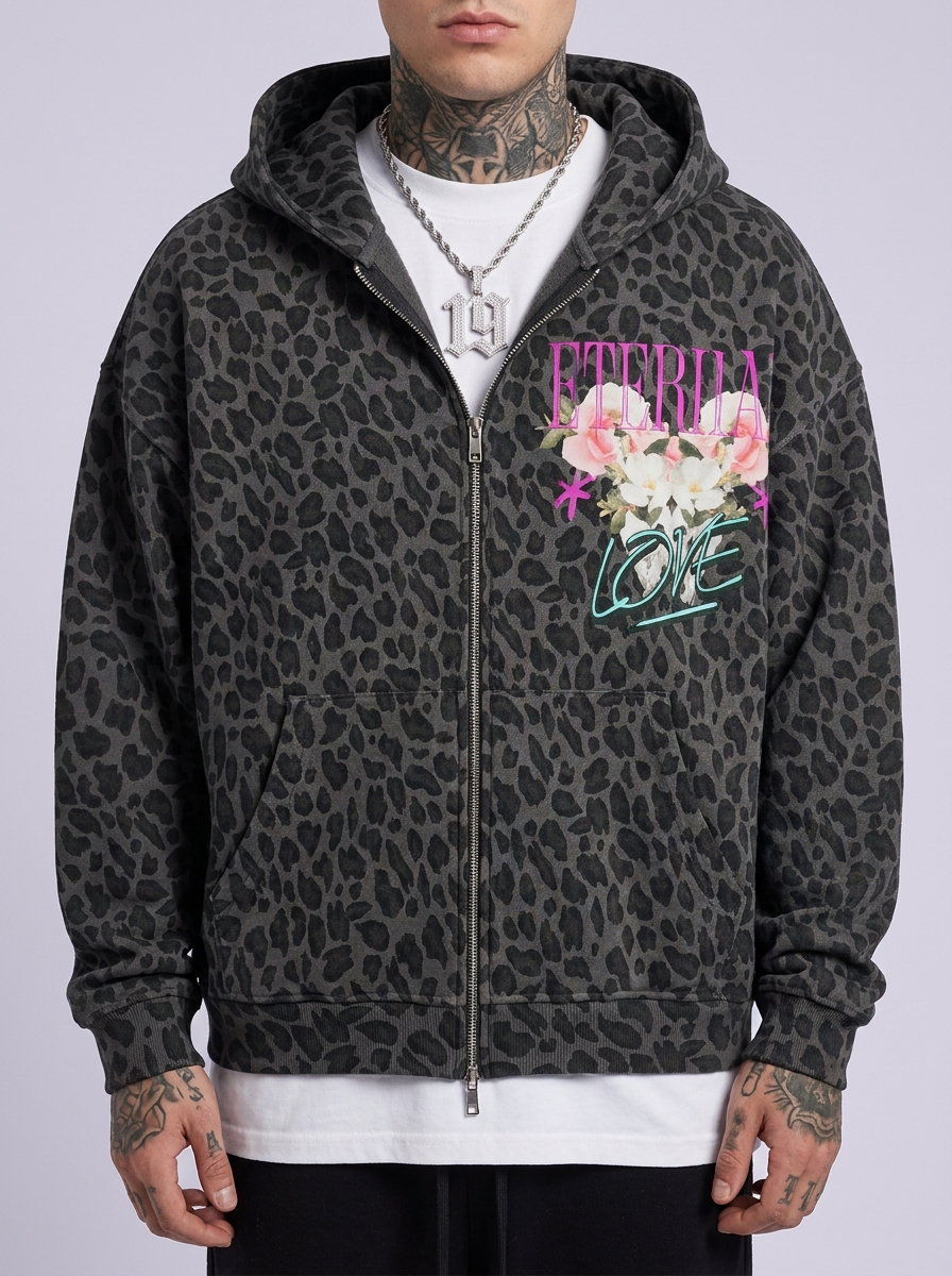 GAFAUDI "Eternal Love" Unisex Leopard Print Waffle Full Zip Hoodie