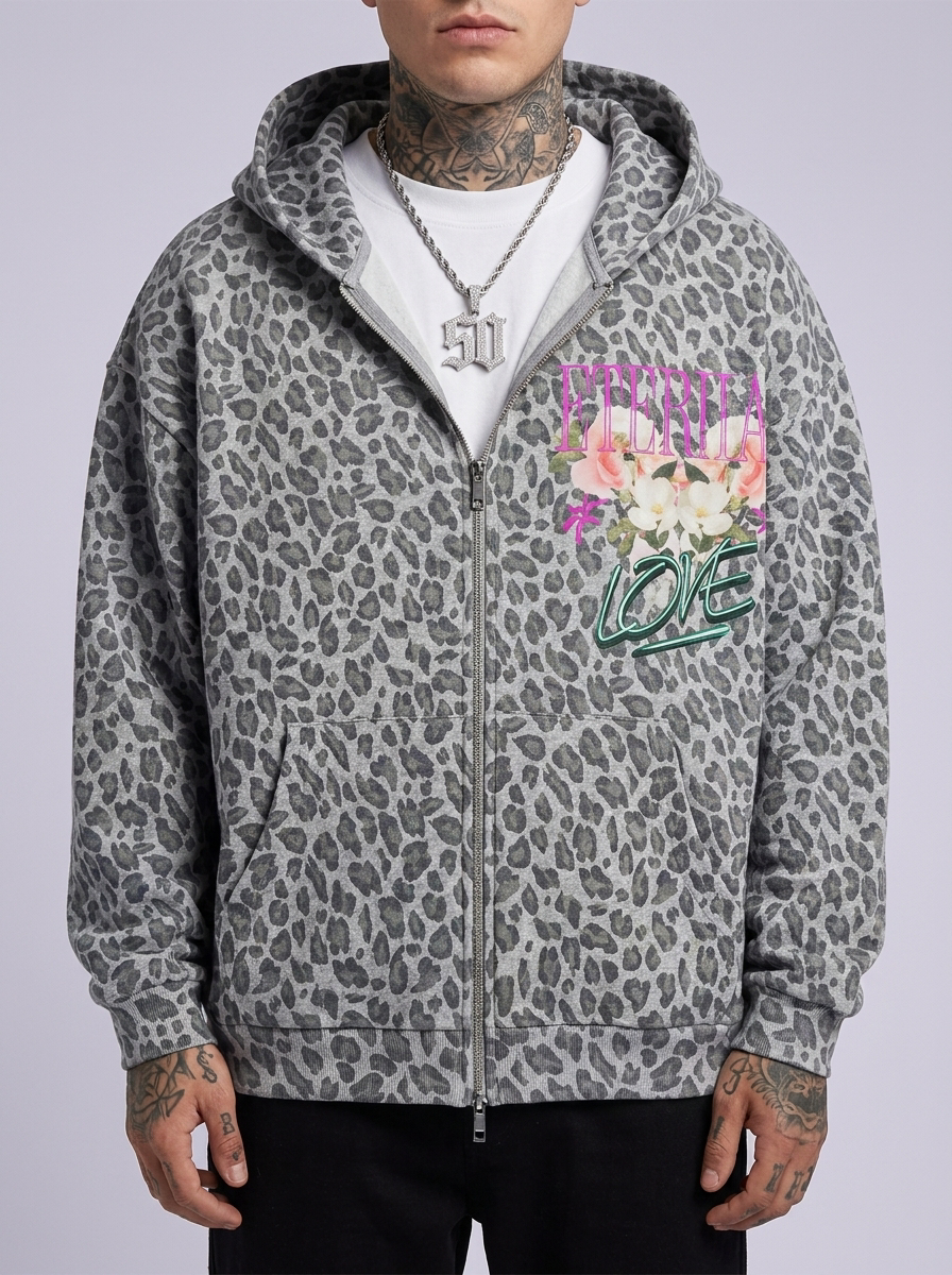 GAFAUDI "Eternal Love" Unisex Leopard Print Waffle Full Zip Hoodie