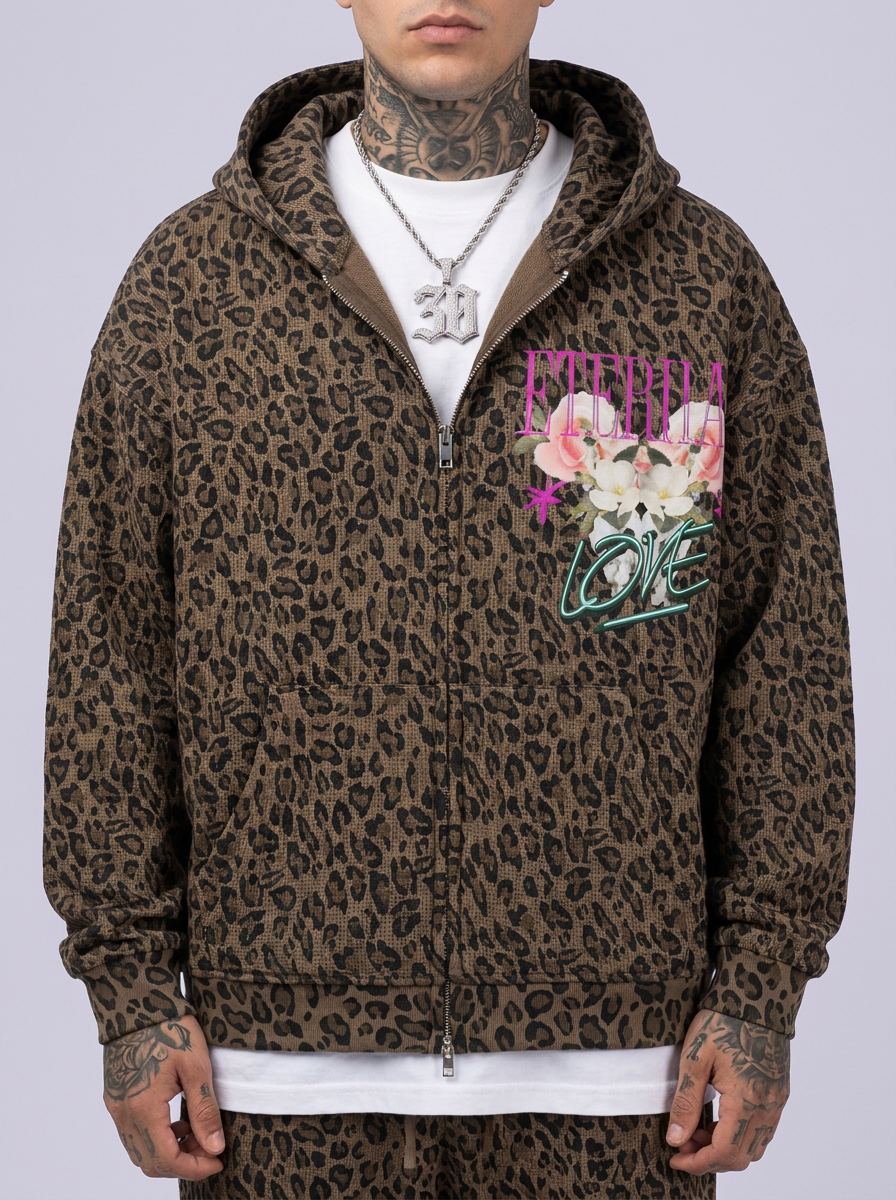 GAFAUDI "Eternal Love" Unisex Leopard Print Waffle Full Zip Hoodie