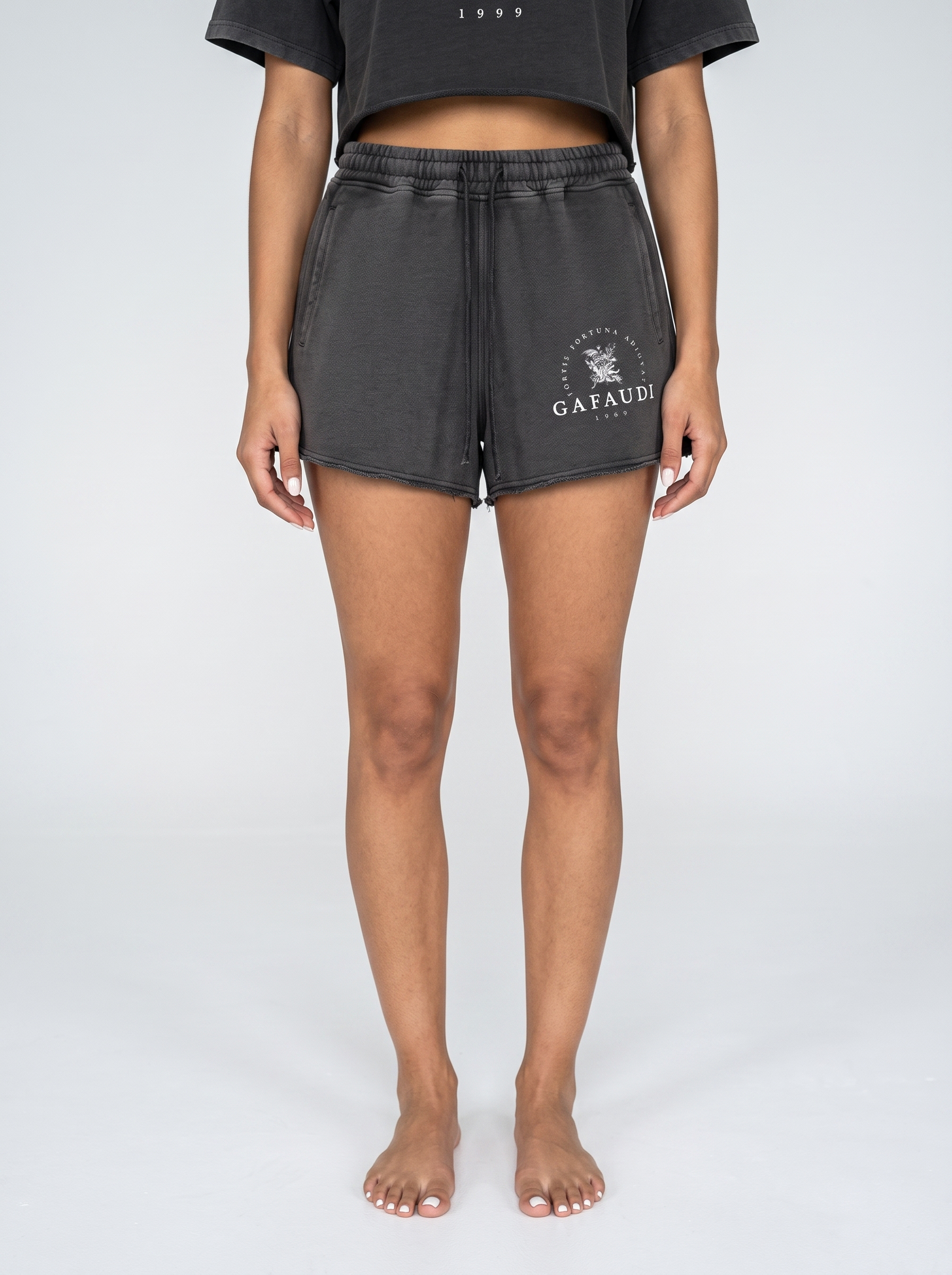 GAFAUDI Snow Washed Raw Edge Drawstring Shorts