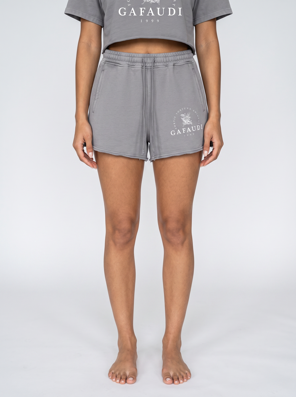 GAFAUDI Snow Washed Raw Edge Drawstring Shorts