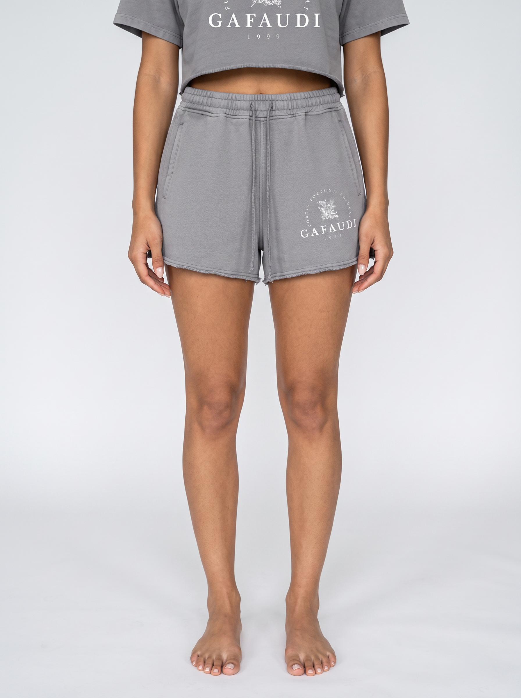 GAFAUDI Snow Washed Raw Edge Drawstring Shorts